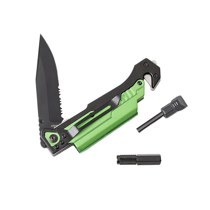 Handcrafted survival knife with bright green handle, clip point blade, serrated edge, built-in seatbelt cutter, glass breaker, and detachable fire starter, ideal for camping and emergency supplies in Farm, Garden & Tool and Pocket Knives collections.