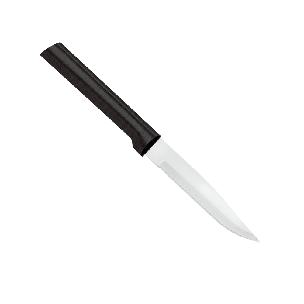 Handcrafted serrated steak knife with high carbon surgical stainless steel blade and solid black handle, ideal for precise meat cutting in Kitchen & Food and USA Made collections.