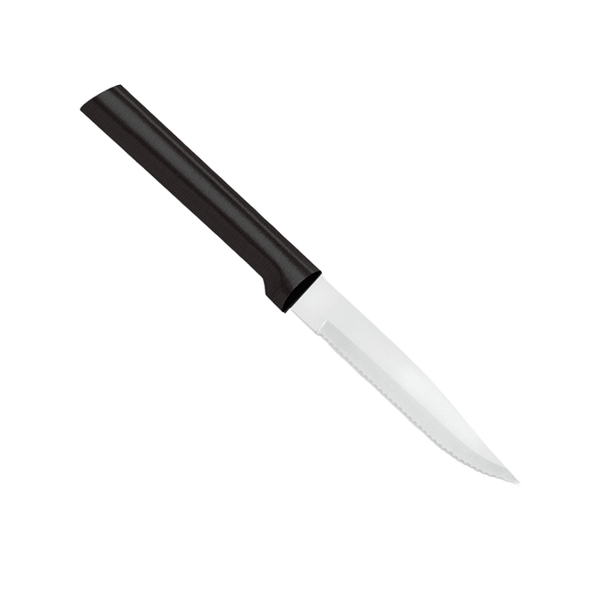 Handcrafted serrated steak knife with high carbon surgical stainless steel blade and solid black handle, ideal for precise meat cutting in Kitchen & Food and USA Made collections.