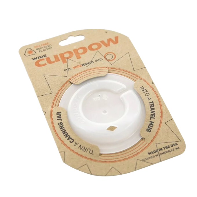White reusable wide-mouth drinking lid made from recycled plastic, designed to convert canning jars into eco-friendly travel mugs, part of Kitchen & Food, Dinnerware, and USA Made collections.