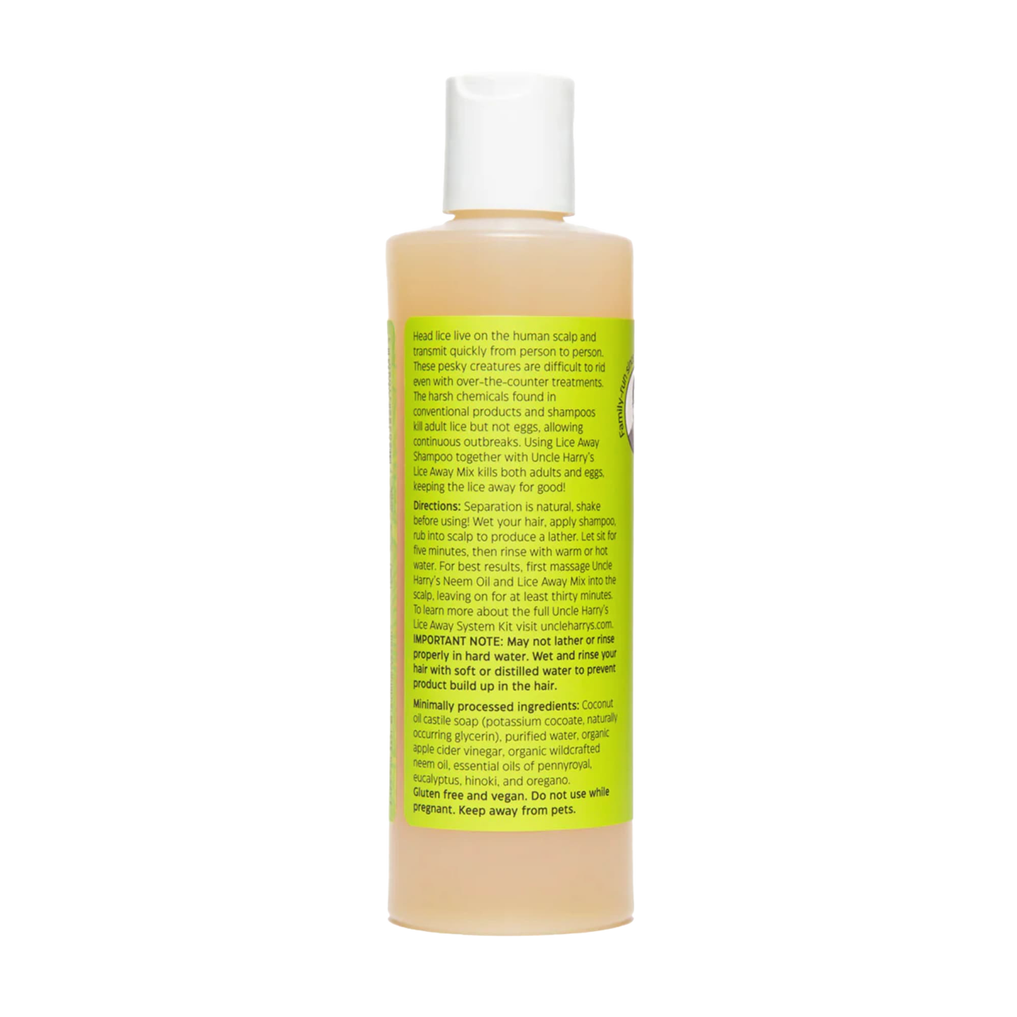 Bottle of plant-based shampoo labeled for effective lice treatment, featuring natural ingredients, safe for all ages, gluten-free and vegan, made in USA, suited for Health & Wellness and Grooming and Personal Hygiene collections.