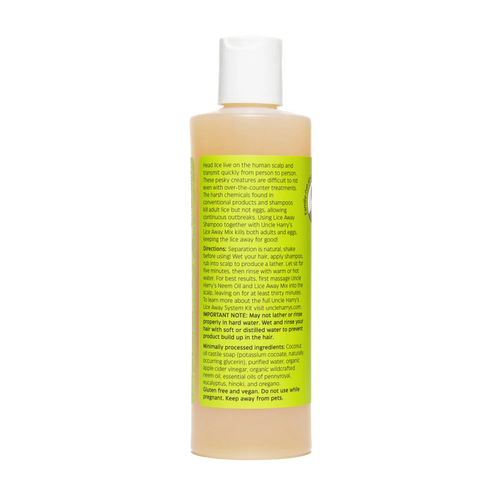 Bottle of plant-based shampoo labeled for effective lice treatment, featuring natural ingredients, safe for all ages, gluten-free and vegan, made in USA, suited for Health & Wellness and Grooming and Personal Hygiene collections.