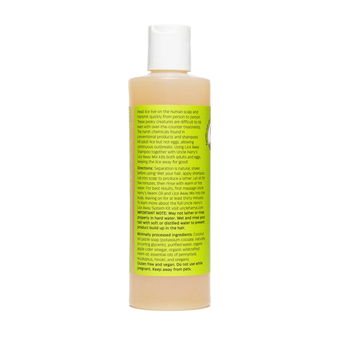 Bottle of plant-based shampoo labeled for effective lice treatment, featuring natural ingredients, safe for all ages, gluten-free and vegan, made in USA, suited for Health & Wellness and Grooming and Personal Hygiene collections.
