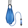 Blue flexible gravity water bag with attached clear filtration tube designed for safe drinking water, featured in Appliances and Water Heating and Treatment collections.