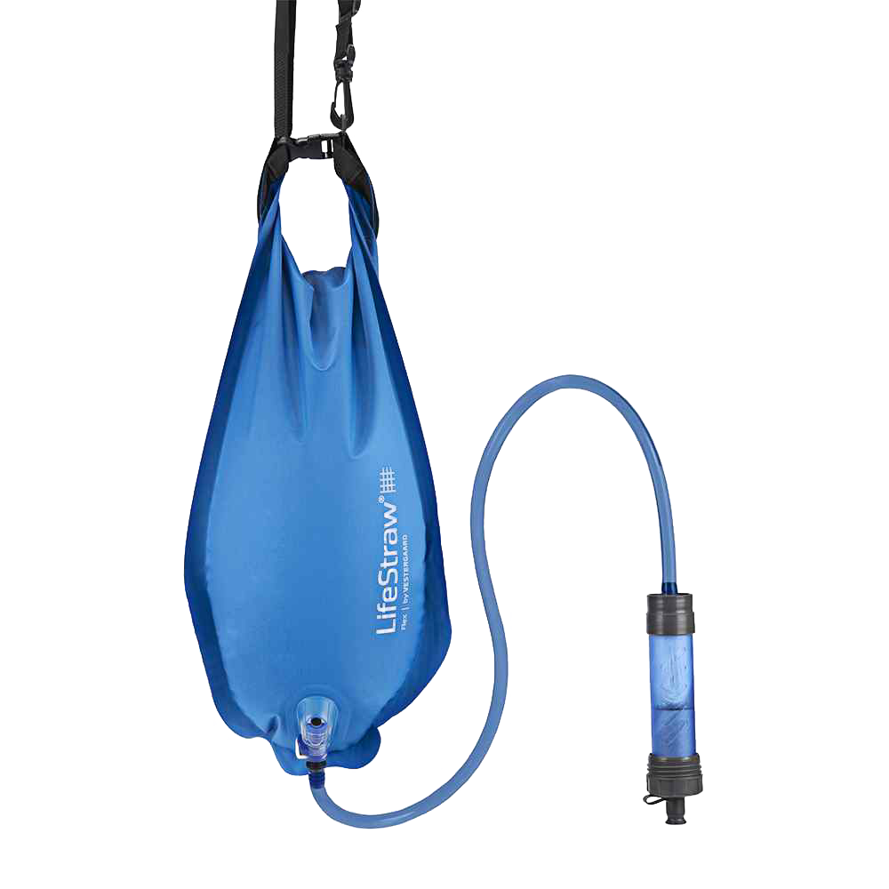 Blue flexible gravity water bag with attached clear filtration tube designed for safe drinking water, featured in Appliances and Water Heating and Treatment collections.