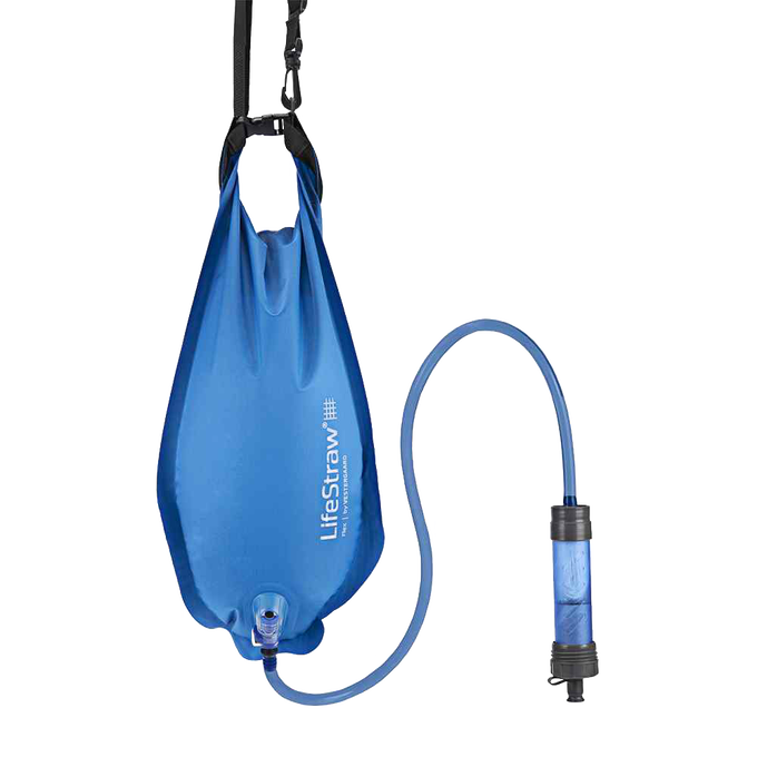 Blue flexible gravity water bag with attached clear filtration tube designed for safe drinking water, featured in Appliances and Water Heating and Treatment collections.