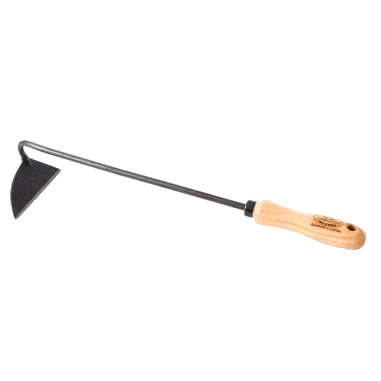 Garden hand hoe with a slender metal shaft and a sharp triangular forged blade, featuring a smooth wooden handle engraved with craftsmanship details, ideal for Farm, Garden & Tool, Garden Accessories, Best Sellers, and Promo Eligible collections.