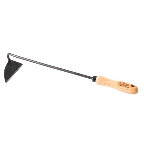 Garden hand hoe with a slender metal shaft and a sharp triangular forged blade, featuring a smooth wooden handle engraved with craftsmanship details, ideal for Farm, Garden & Tool, Garden Accessories, Best Sellers, and Promo Eligible collections.