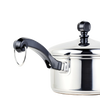 Stainless steel saucepan with a polished finish, featuring a black handle with a hanging loop and a matching lid knob, ideal for Kitchen & Food and Cookware collections.
