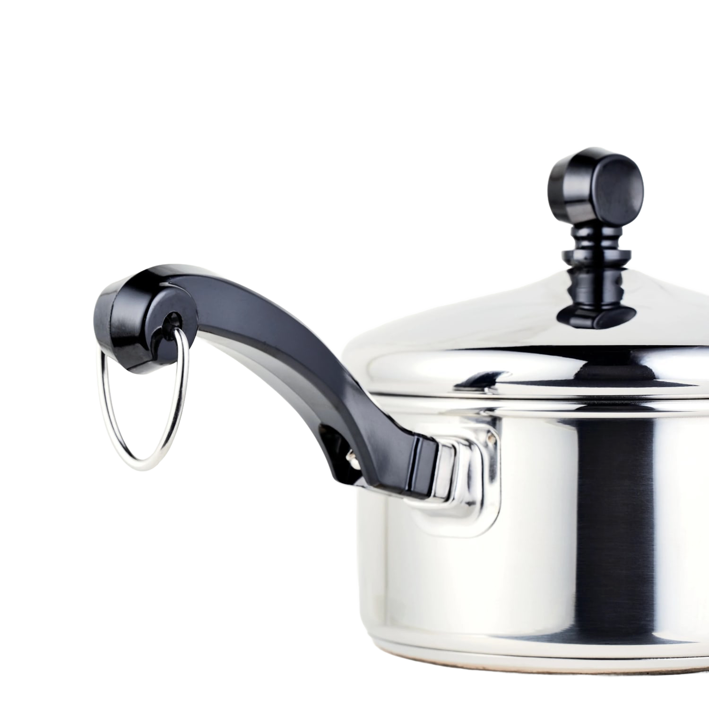 Stainless steel saucepan with a polished finish, featuring a black handle with a hanging loop and a matching lid knob, ideal for Kitchen & Food and Cookware collections.