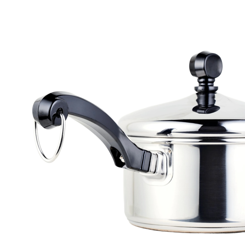 Stainless steel saucepan with a polished finish, featuring a black handle with a hanging loop and a matching lid knob, ideal for Kitchen & Food and Cookware collections.