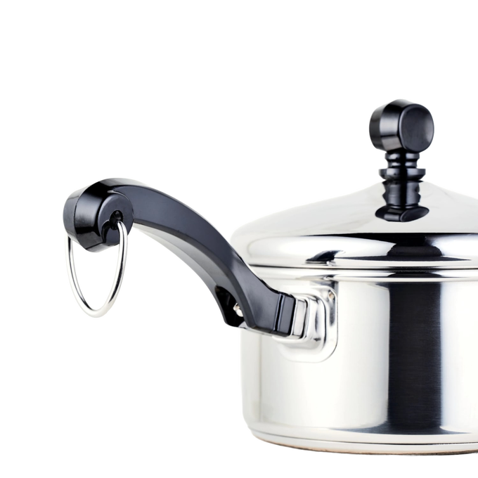Stainless steel saucepan with a polished finish, featuring a black handle with a hanging loop and a matching lid knob, ideal for Kitchen & Food and Cookware collections.