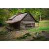 Rustic handcrafted log cabin with a wooden shingle roof and wraparound porch set in a peaceful green forest, evoking heritage and traditional lifestyle themes.