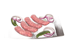 Cast iron baking and serving platter holding uncooked sausages with sliced red onions and green peppers, part of Kitchen & Food, Cookware, Cast Iron, USA Made, and Best Sellers collections.
