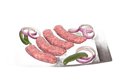 Cast iron baking and serving platter holding uncooked sausages with sliced red onions and green peppers, part of Kitchen & Food, Cookware, Cast Iron, USA Made, and Best Sellers collections.