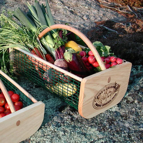 Handcrafted Maine Garden Hod with wooden ends and green wire mesh sides, holding fresh assorted vegetables, made in USA, part of Farm, Garden & Tool and Best Sellers collections.