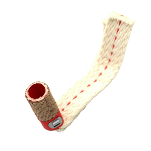 Close-up of a flexible wick with a red fabric seam and a reinforced end, designed for use in gas burners, featured in appliances and refrigerators collections.