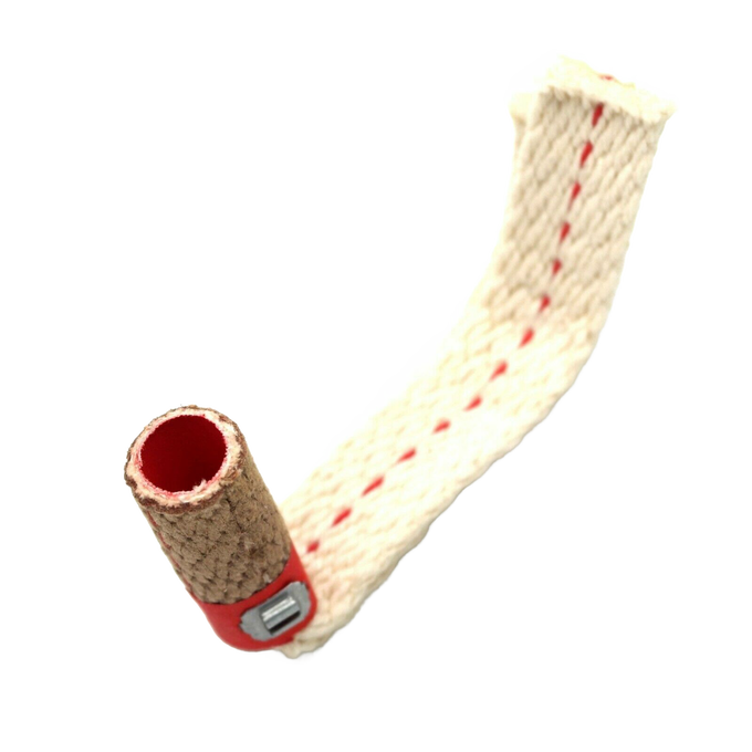 Close-up of a flexible wick with a red fabric seam and a reinforced end, designed for use in gas burners, featured in appliances and refrigerators collections.