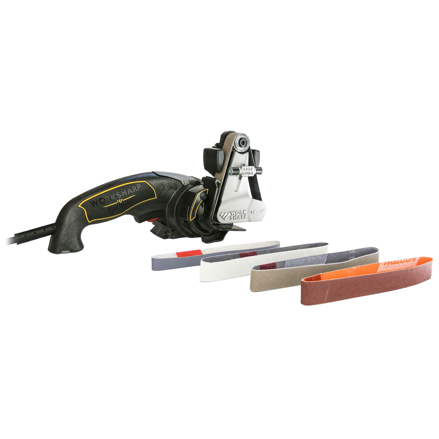 Compact electric sharpener with ergonomic handle and adjustable sharpening belts in multiple grits, ideal for knives and tools in Kitchen & Food and Food Prep collections.