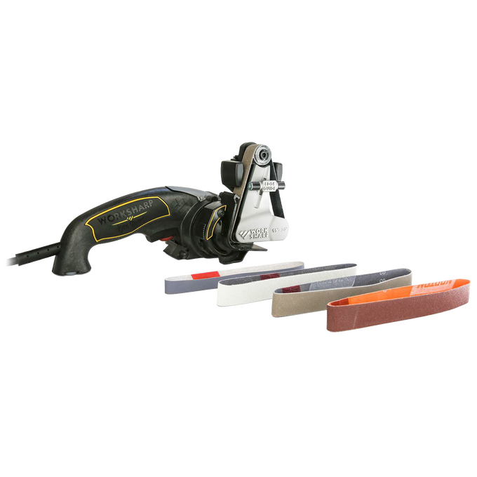 Compact electric sharpener with ergonomic handle and adjustable sharpening belts in multiple grits, ideal for knives and tools in Kitchen & Food and Food Prep collections.
