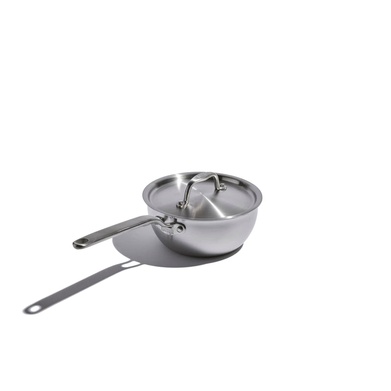 Handcrafted fully clad stainless steel saucier with lid, designed for durability and lifetime use, featured in Kitchen & Food, Cookware, Pots and Pans, Best Sellers, and Promo Eligible collections.