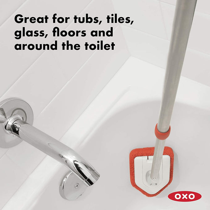 Cleaning scrubber with an extendable handle and pivoting antimicrobial abrasive head, designed for tubs, tiles, glass, floors, and toilet areas in Household Cleaning and Home & Decor collections.