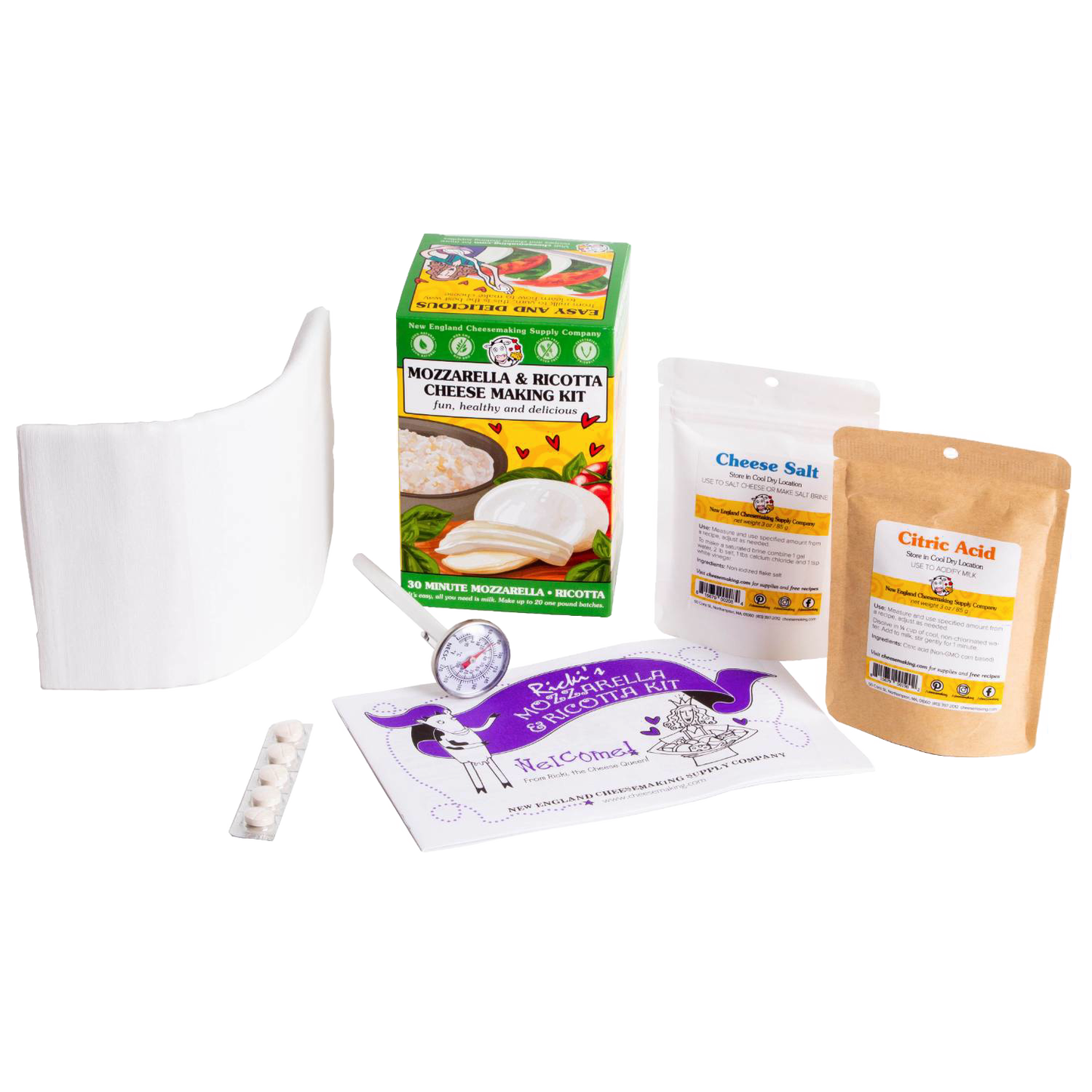 Assorted DIY cheese making kit components including measuring thermometer, pH strip, cheese salt, and citric acid packets, perfect for Kitchen & Food and Specialty Equipment collections.