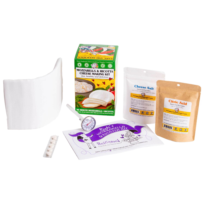Assorted DIY cheese making kit components including measuring thermometer, pH strip, cheese salt, and citric acid packets, perfect for Kitchen & Food and Specialty Equipment collections.