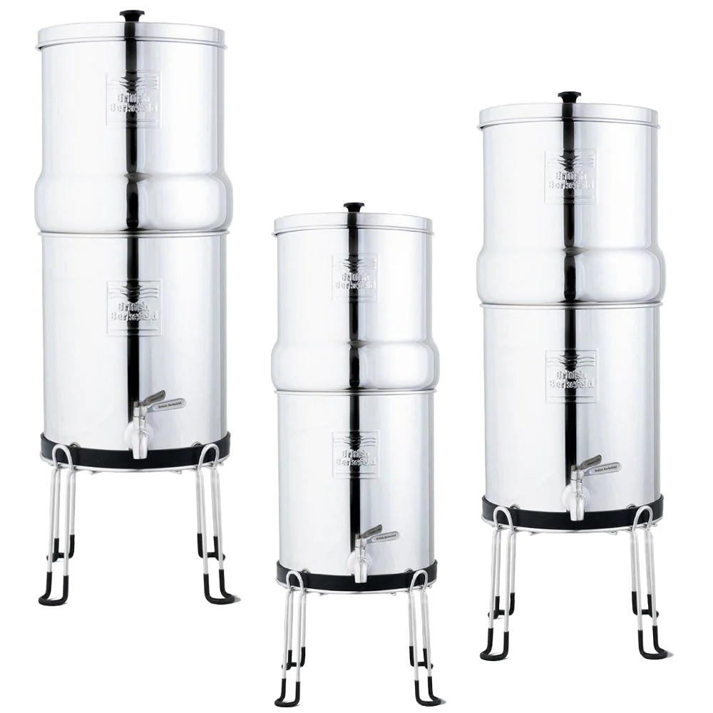 Unique handcrafted stainless steel gravity water filters in three sizes with durable taps and elegant stands, ideal for Appliances, Emergency Supplies, and Water Heating and Treatment collections.