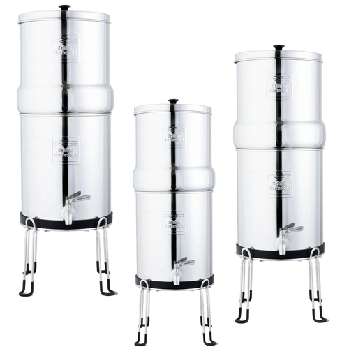 Unique handcrafted stainless steel gravity water filters in three sizes with durable taps and elegant stands, ideal for Appliances, Emergency Supplies, and Water Heating and Treatment collections.