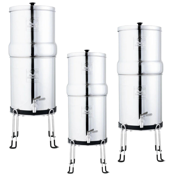 Unique handcrafted stainless steel gravity water filters in three sizes with durable taps and elegant stands, ideal for Appliances, Emergency Supplies, and Water Heating and Treatment collections.