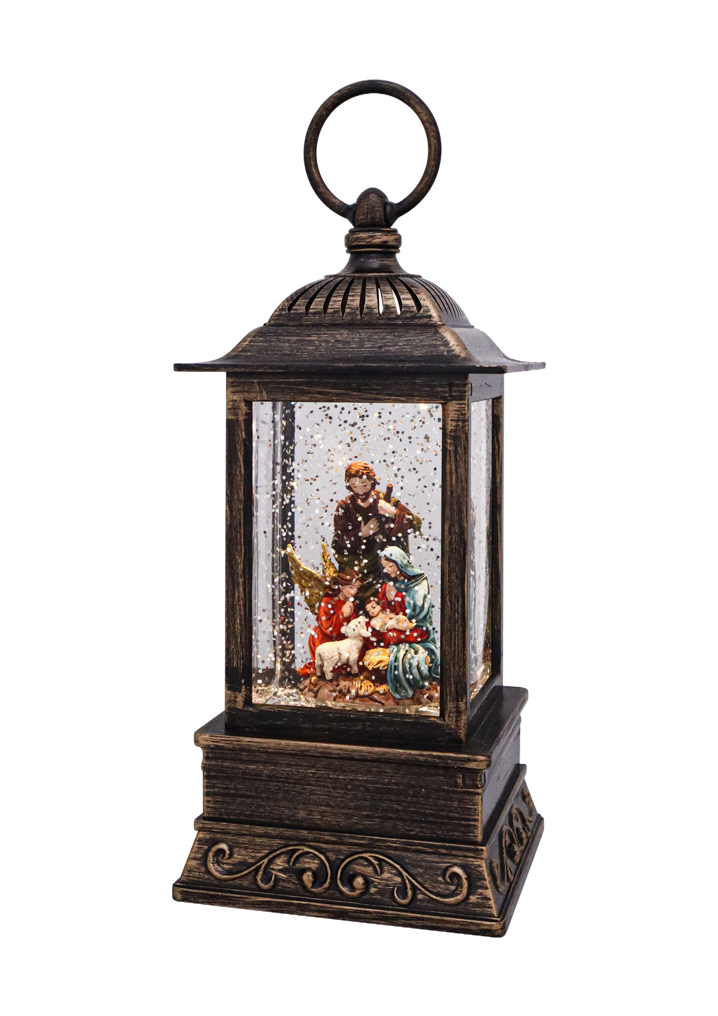 Handcrafted antique-style glitter lantern featuring a nativity scene with the Holy Family and lambs inside, softly illuminated and shimmering for Home & Decor, Holiday Decor, Best Sellers, and Promo Eligible collections.