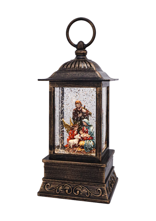 Handcrafted antique-style glitter lantern featuring a nativity scene with the Holy Family and lambs inside, softly illuminated and shimmering for Home & Decor, Holiday Decor, Best Sellers, and Promo Eligible collections.