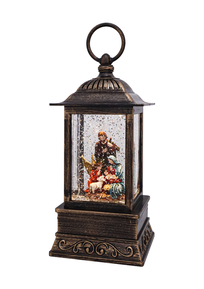 Handcrafted antique-style glitter lantern featuring a nativity scene with the Holy Family and lambs inside, softly illuminated and shimmering for Home & Decor, Holiday Decor, Best Sellers, and Promo Eligible collections.