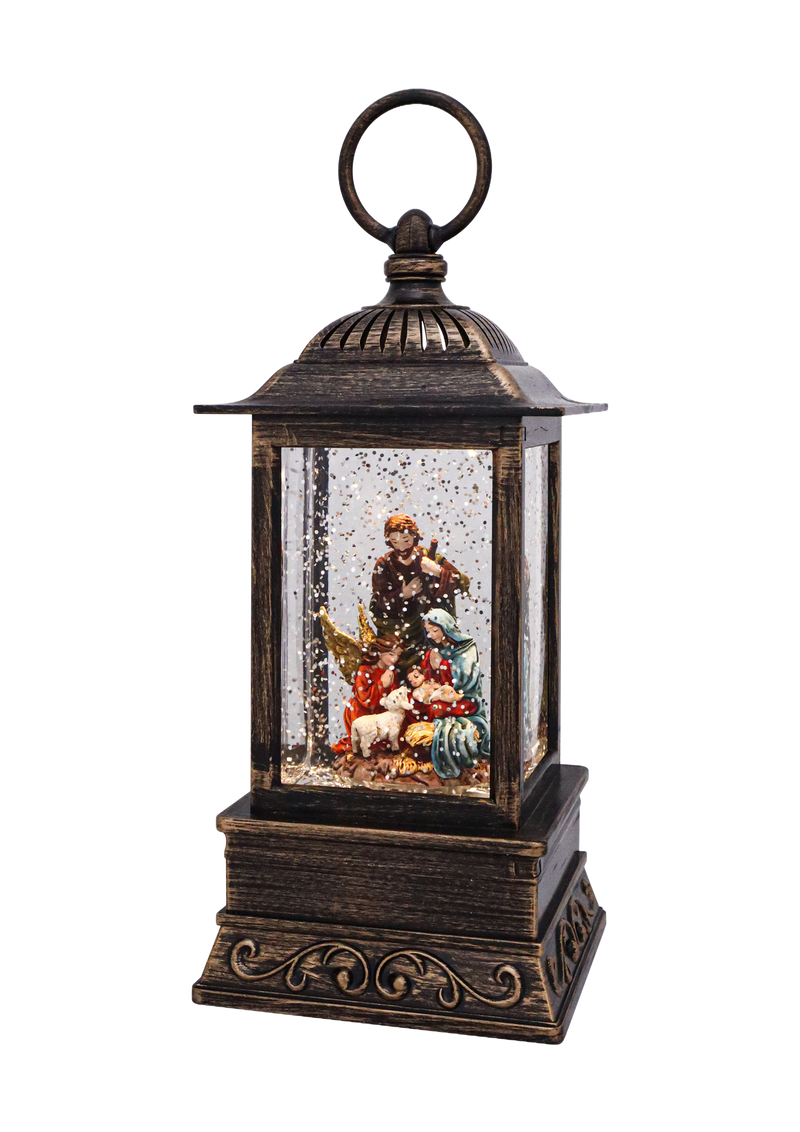 Handcrafted antique-style glitter lantern featuring a nativity scene with the Holy Family and lambs inside, softly illuminated and shimmering for Home & Decor, Holiday Decor, Best Sellers, and Promo Eligible collections.