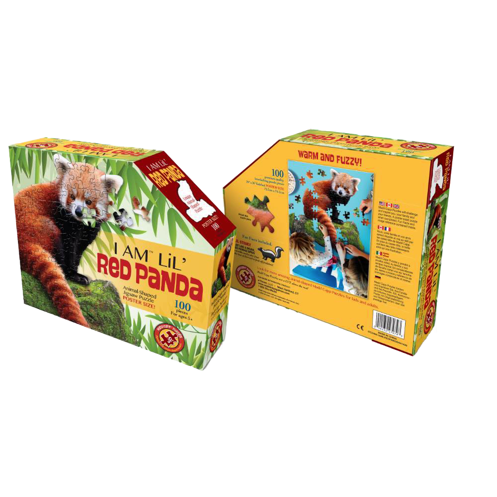 Colorful box packaging for a unique-shaped 100-piece red panda puzzle featuring large pieces and educational fun facts, ideal for children's toys, games, and puzzles collections.