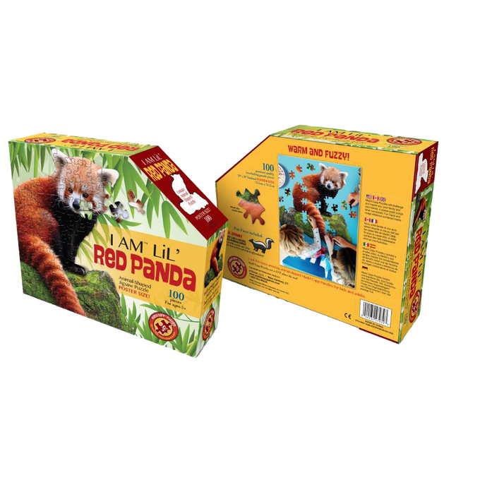 Colorful box packaging for a unique-shaped 100-piece red panda puzzle featuring large pieces and educational fun facts, ideal for children's toys, games, and puzzles collections.