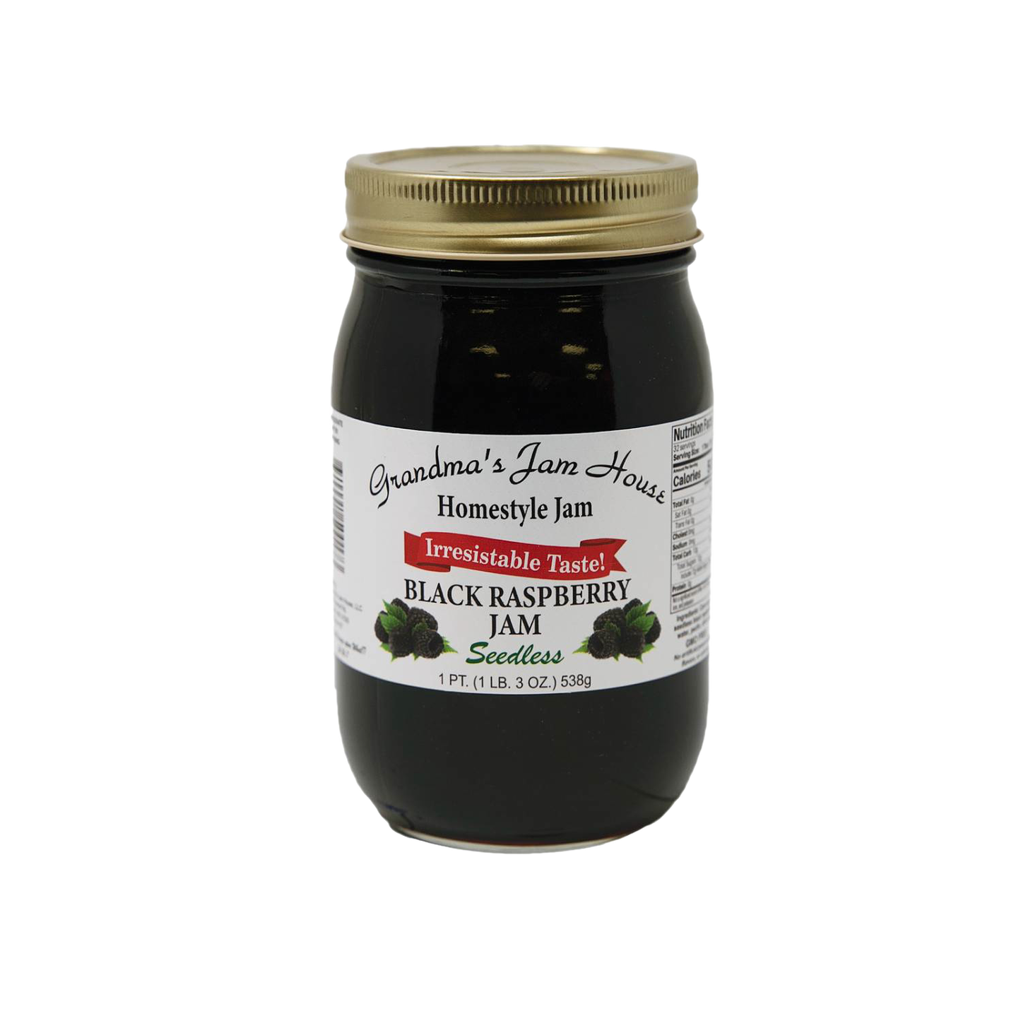 Handcrafted jar of seedless black raspberry jam with gold lid and label featuring blackberry illustrations and "Irresistable Taste" banner, made in USA, ideal for Kitchen & Food, Pantry, Peanut Butter & Jellies, Best Sellers, and Promo Eligible collections.