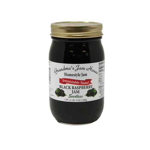 Handcrafted jar of seedless black raspberry jam with gold lid and label featuring blackberry illustrations and "Irresistable Taste" banner, made in USA, ideal for Kitchen & Food, Pantry, Peanut Butter & Jellies, Best Sellers, and Promo Eligible collections.