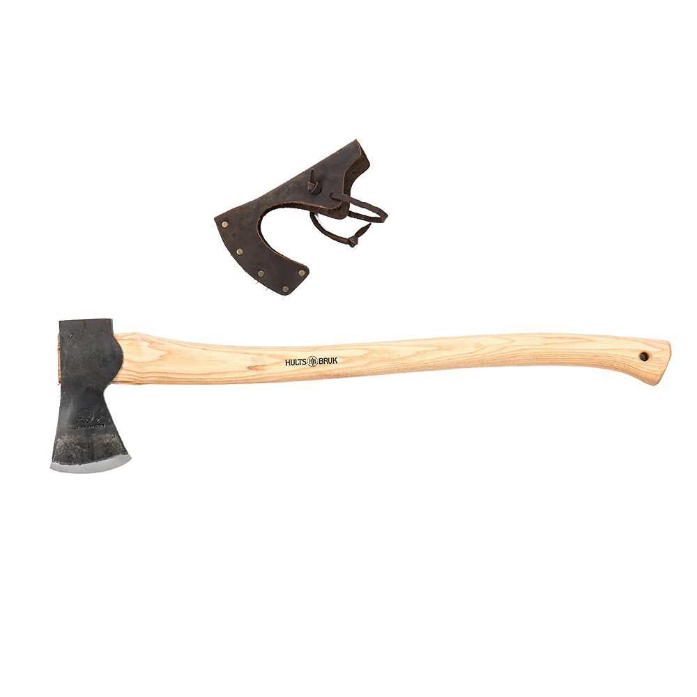 Medium-sized hand-forged felling axe with American hickory handle and sharp steel head, accompanied by protective leather sheath, ideal for Farm, Garden & Tool and Wood Cutting collections.