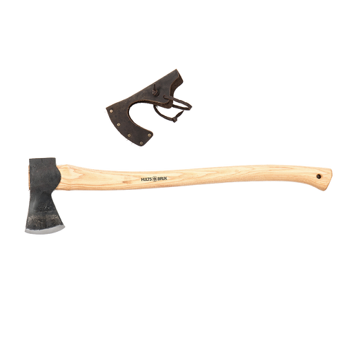 Medium-sized hand-forged felling axe with American hickory handle and sharp steel head, accompanied by protective leather sheath, ideal for Farm, Garden & Tool and Wood Cutting collections.