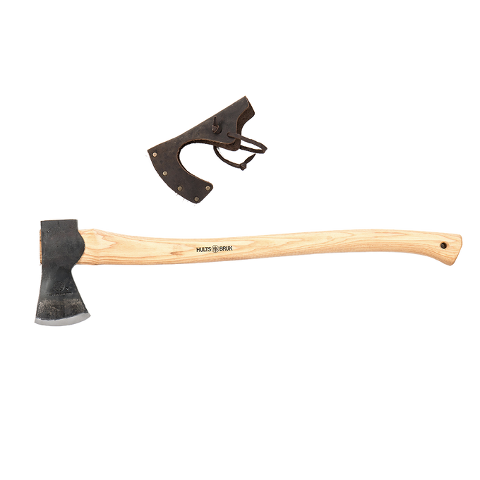 Medium-sized hand-forged felling axe with American hickory handle and sharp steel head, accompanied by protective leather sheath, ideal for Farm, Garden & Tool and Wood Cutting collections.