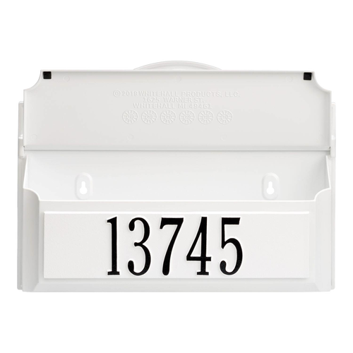 Handcrafted white wall mount mailbox with bold black house numbers, designed to boost curb appeal and featured in Home & Decor, Mailboxes and Address Signs, USA Made collections.