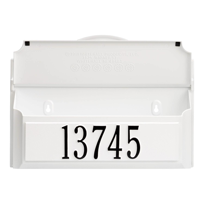 Handcrafted white wall mount mailbox with bold black house numbers, designed to boost curb appeal and featured in Home & Decor, Mailboxes and Address Signs, USA Made collections.