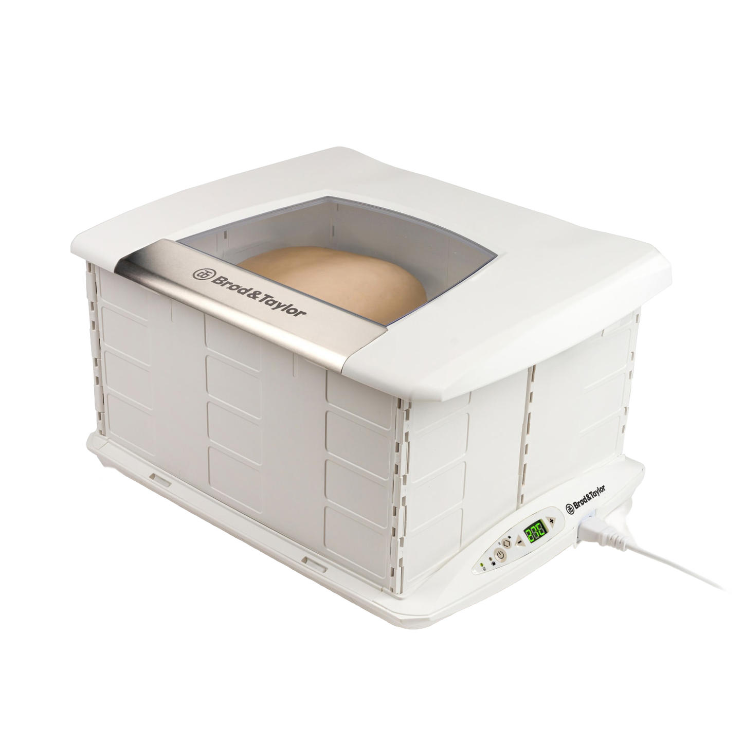 Compact white folding bread proofer and slow cooker with digital temperature display, transparent lid showing dough inside, designed for Kitchen & Food and Baking Supplies collections.
