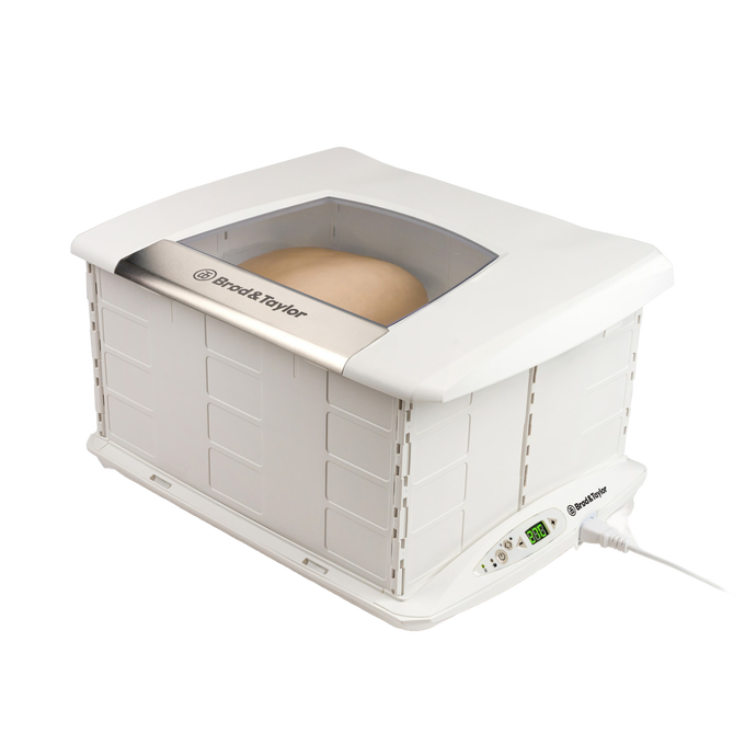 Compact white folding bread proofer and slow cooker with digital temperature display, transparent lid showing dough inside, designed for Kitchen & Food and Baking Supplies collections.