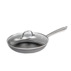 Handcrafted nitrogen-hardened cast iron skillet with a smooth stainless steel handle and glass lid, designed for Kitchen & Food, Cookware, Cast Iron, and Best Sellers collections.