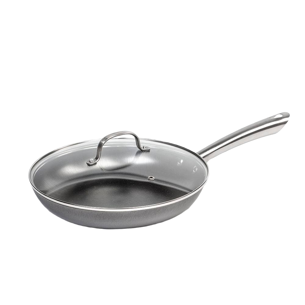 Handcrafted nitrogen-hardened cast iron skillet with a smooth stainless steel handle and glass lid, designed for Kitchen & Food, Cookware, Cast Iron, and Best Sellers collections.