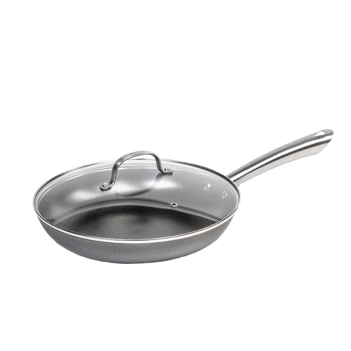 Handcrafted nitrogen-hardened cast iron skillet with a smooth stainless steel handle and glass lid, designed for Kitchen & Food, Cookware, Cast Iron, and Best Sellers collections.