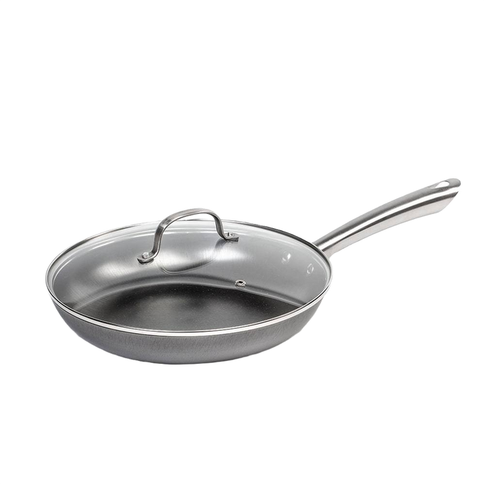 Handcrafted nitrogen-hardened cast iron skillet with a smooth stainless steel handle and glass lid, designed for Kitchen & Food, Cookware, Cast Iron, and Best Sellers collections.